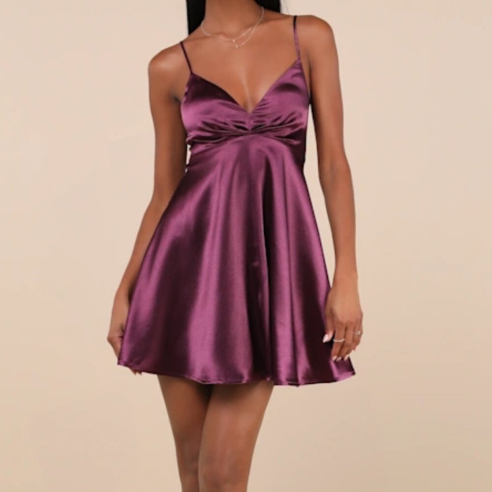 Lulus Happily Yours Plum Purple Satin Skater Mini Dress - Size S